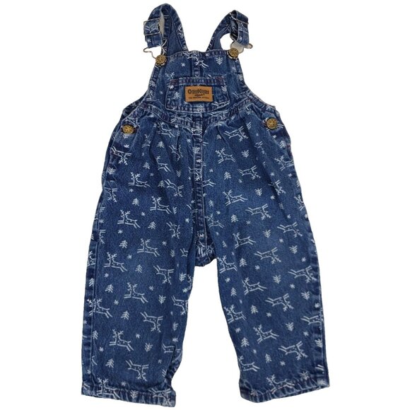 Vintage Oshkosh Vestbak Denim Overalls Size 12M Christmas Trees Reindeer Snow - Picture 1 of 13